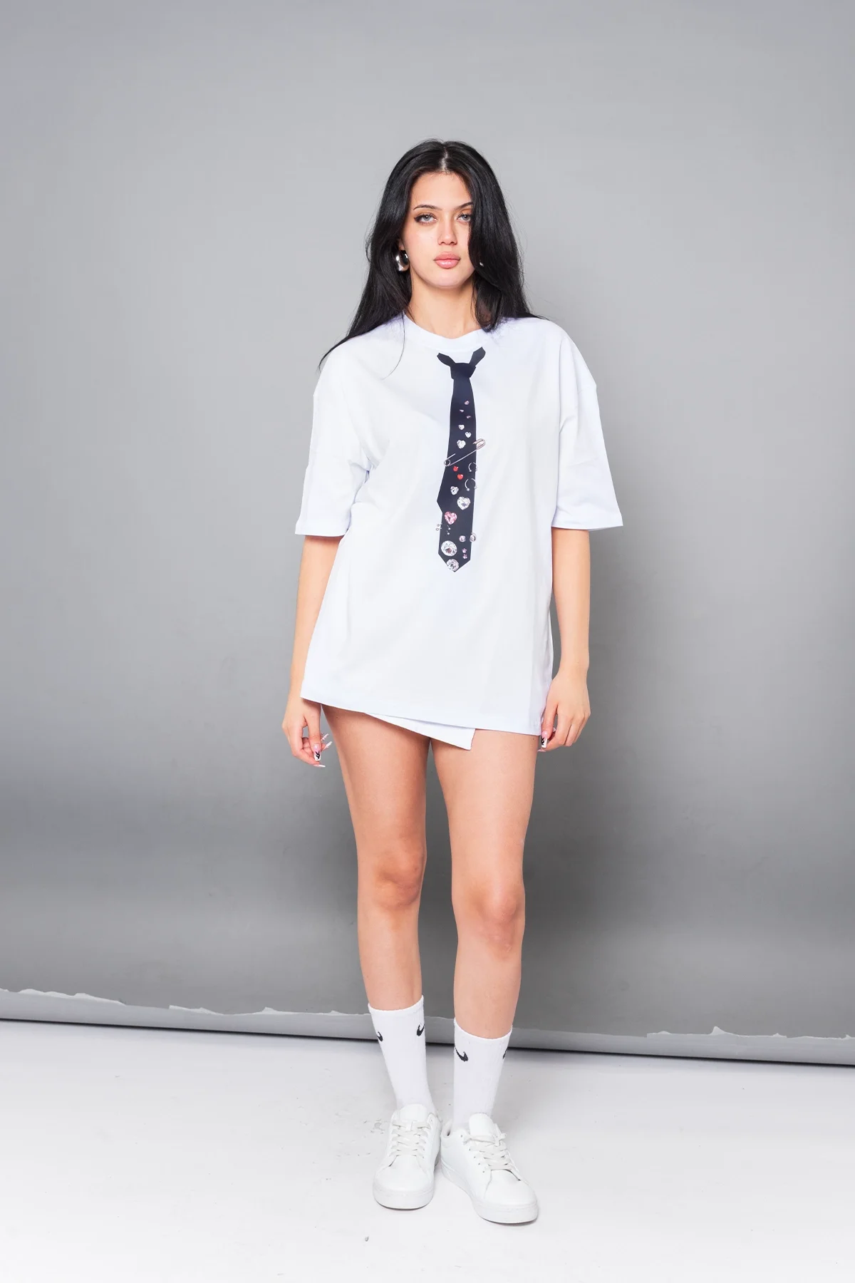 Tie Baskılı Oversize Unisex Beyaz Tshirt