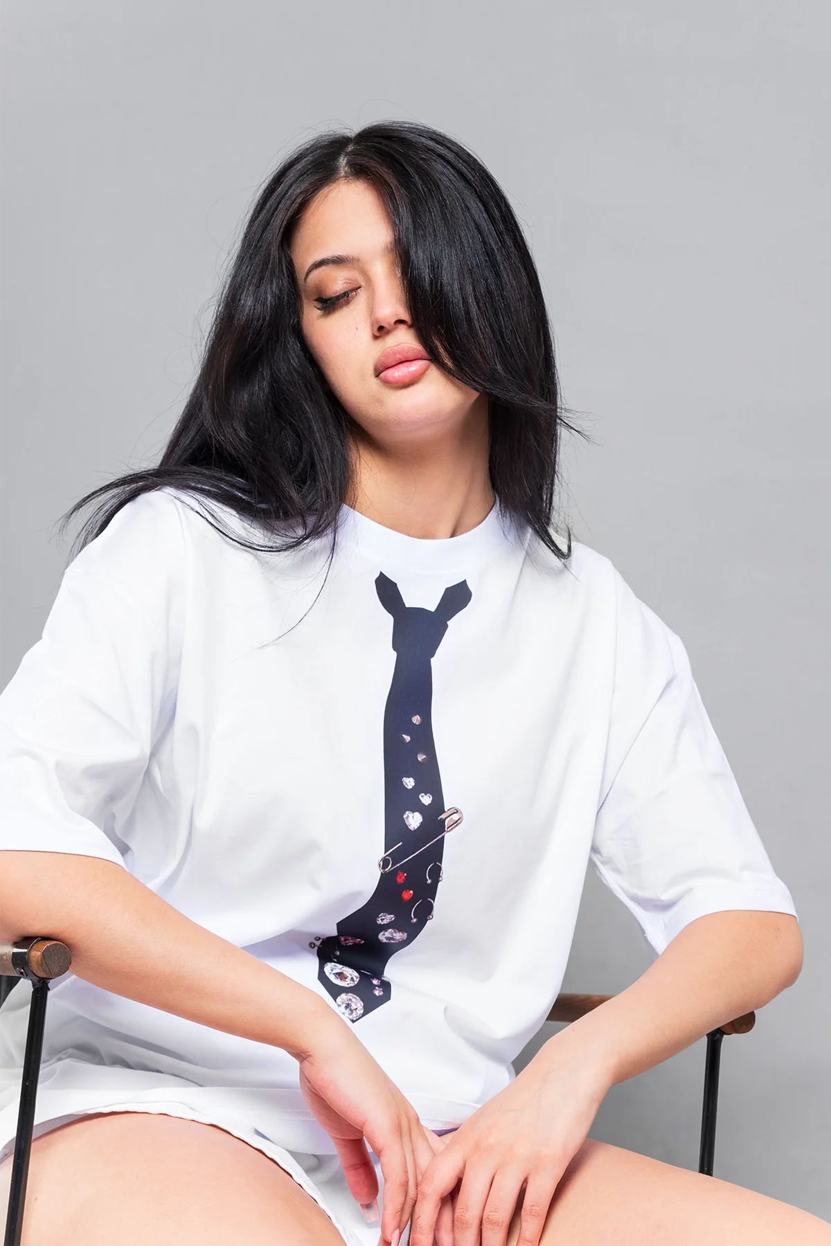 Tie Baskılı Oversize Unisex Beyaz Tshirt