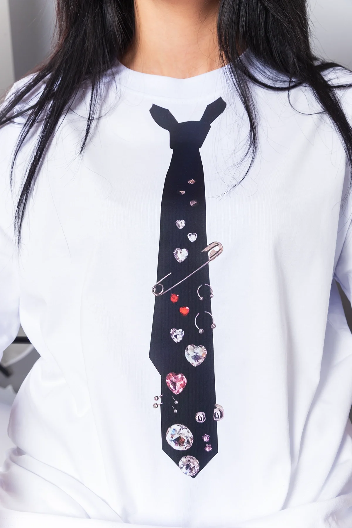 Tie Baskılı Oversize Unisex Beyaz Tshirt