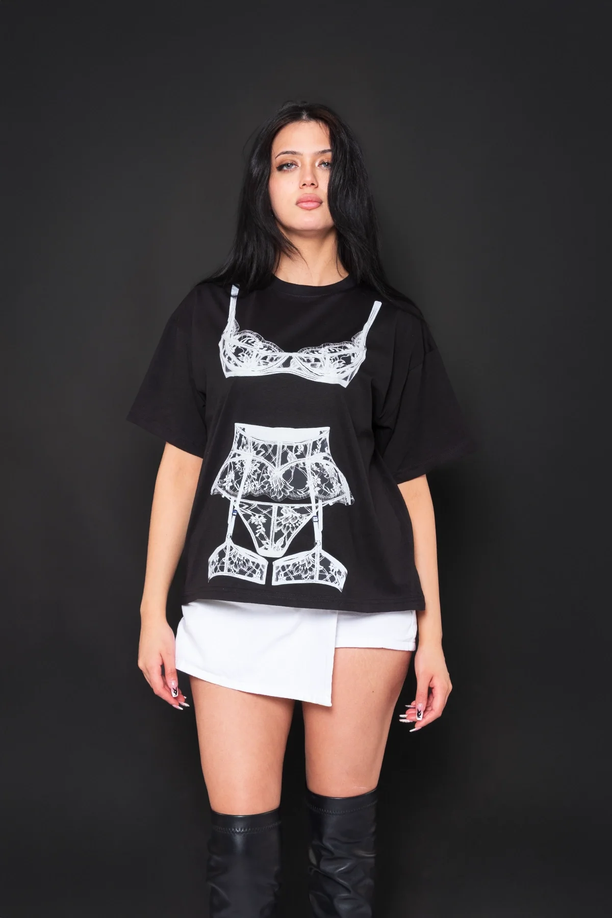 Valentine Baskılı Relaxed Fit Siyah Kadın Tshirt