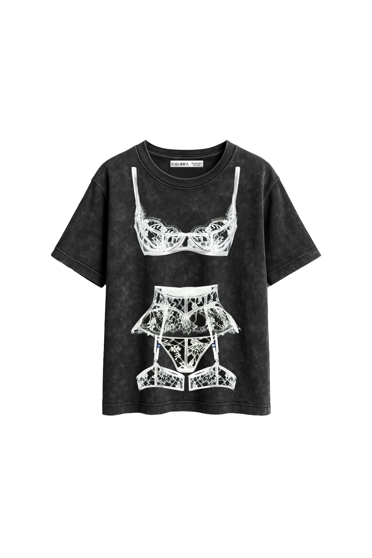 Valentine Baskılı Relaxed Fit Yıkamalı Siyah Kadın Tshirt