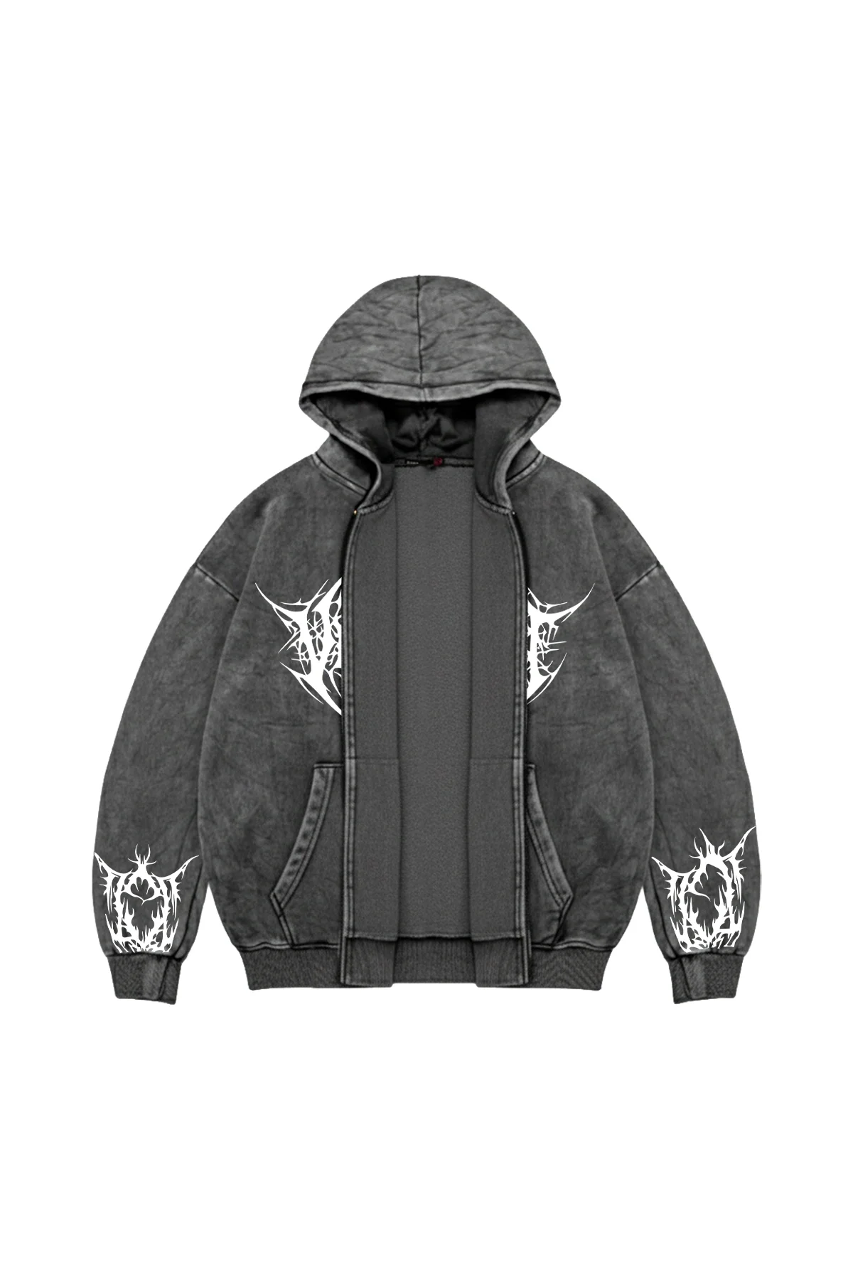 Vehement Baskılı Fermuarlı Zip Kapüşonlu Unisex Yıkamalı Siyah Sweatshirt