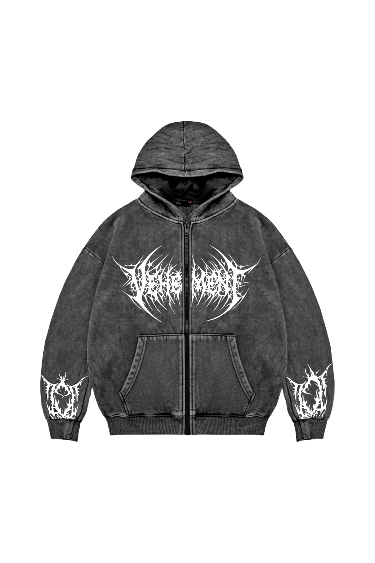 Vehement Baskılı Fermuarlı Zip Kapüşonlu Unisex Yıkamalı Siyah Sweatshirt
