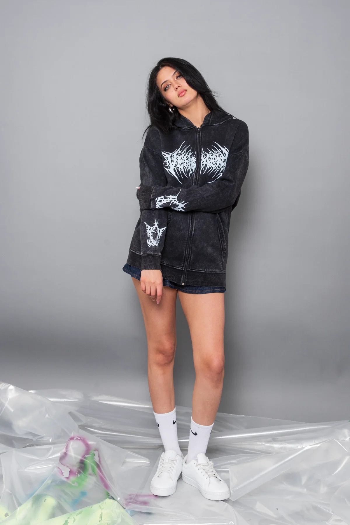 Vehement Baskılı Fermuarlı Zip Kapüşonlu Unisex Yıkamalı Siyah Sweatshirt