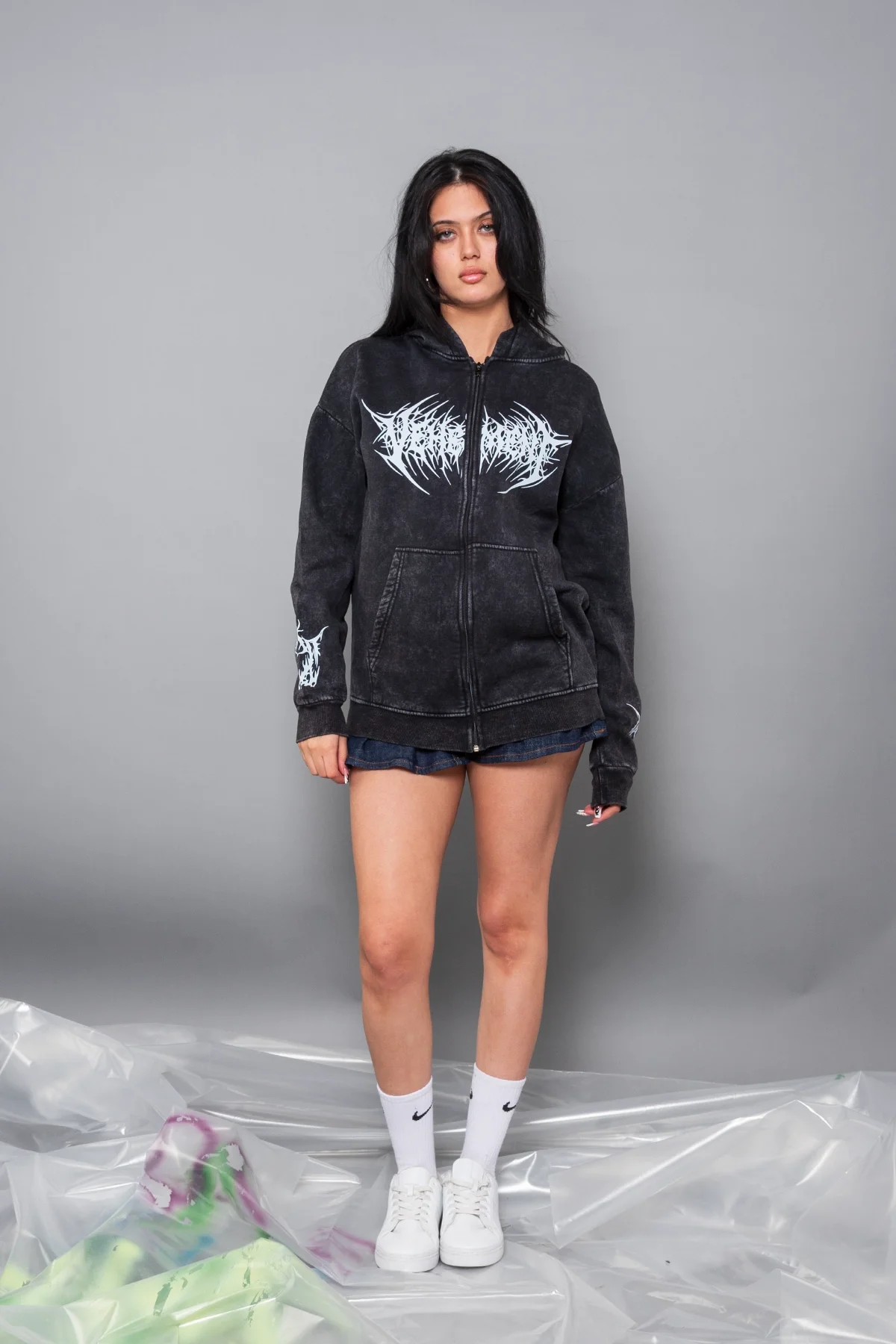 Vehement Baskılı Fermuarlı Zip Kapüşonlu Unisex Yıkamalı Siyah Sweatshirt