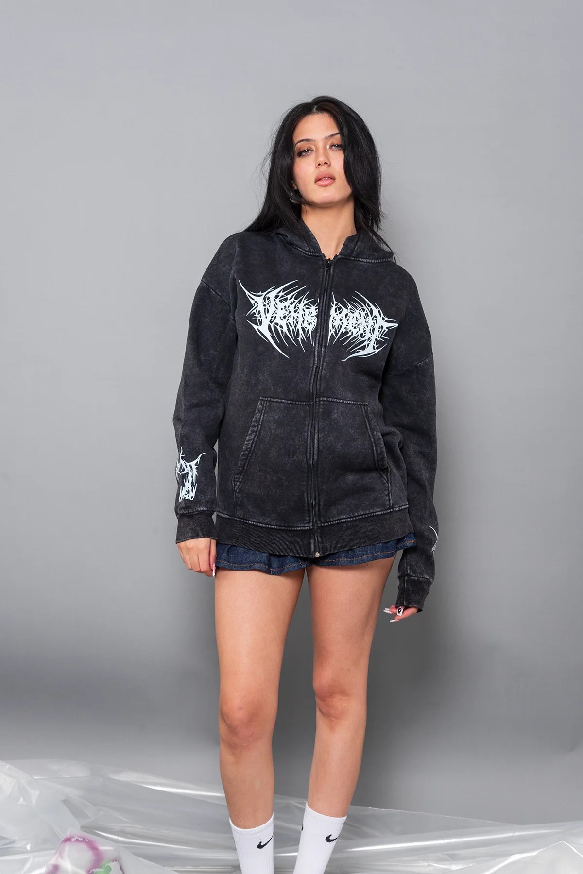 Vehement Baskılı Fermuarlı Zip Kapüşonlu Unisex Yıkamalı Siyah Sweatshirt