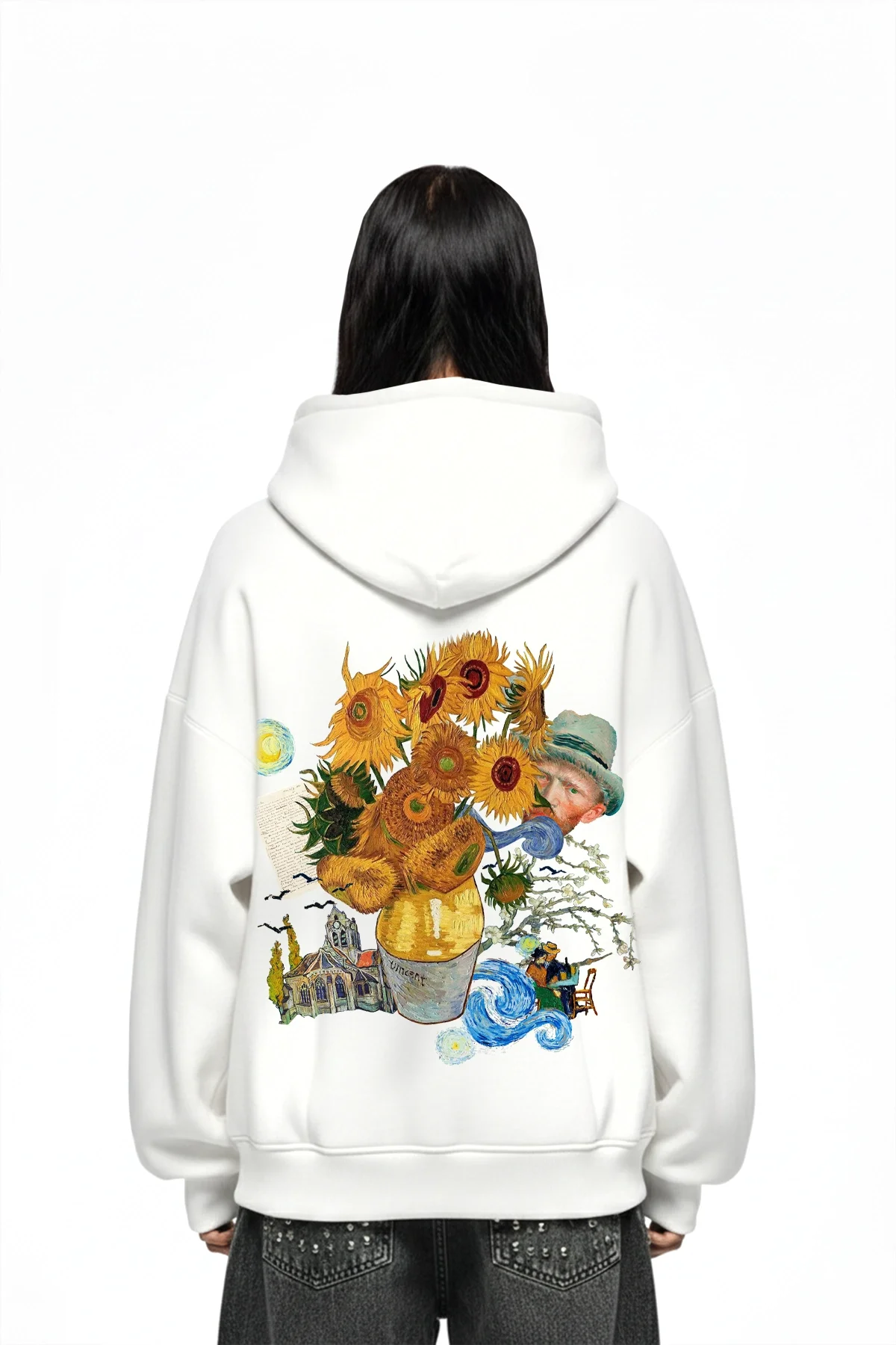 Vincent Dream Baskılı Oversize Unisex Beyaz Hoodie