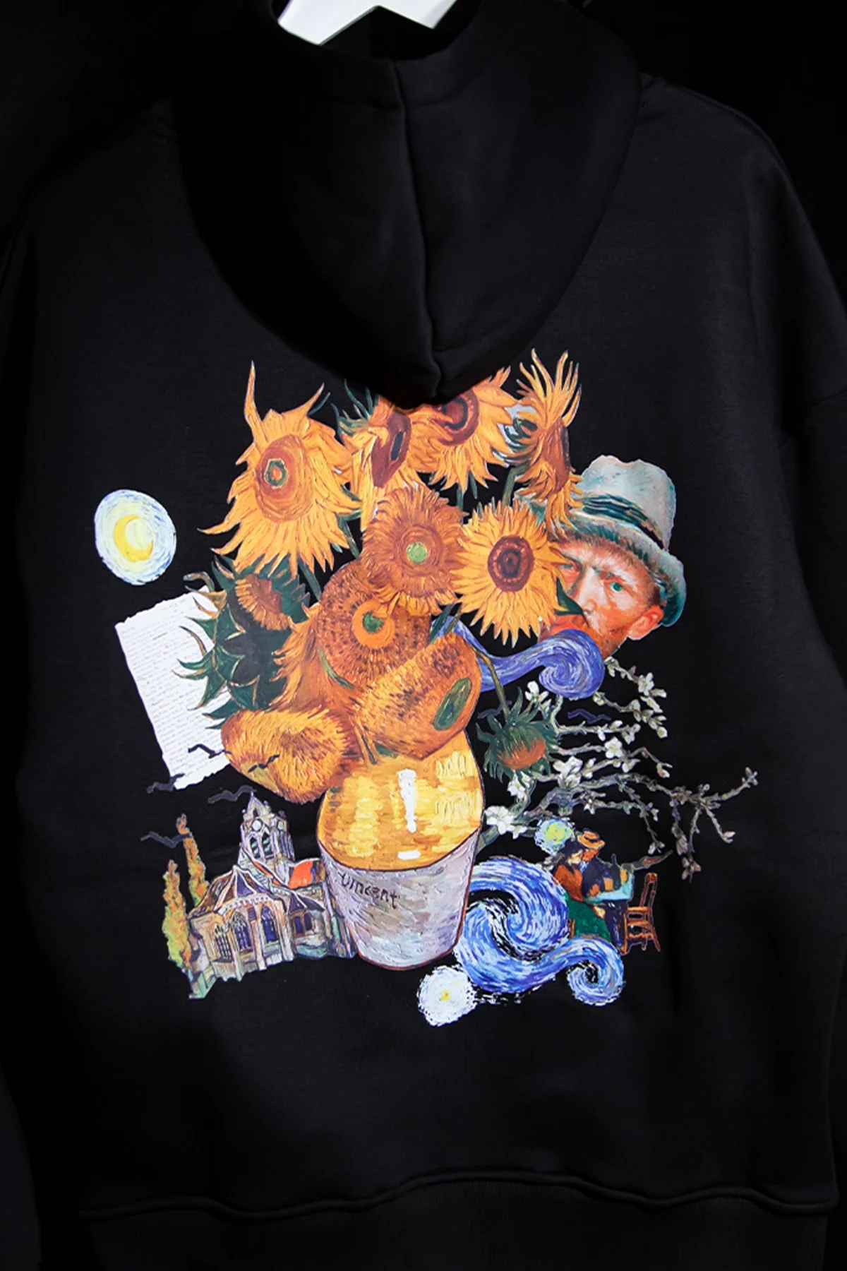 Vincent Dream Baskılı Oversize Unisex Siyah Hoodie