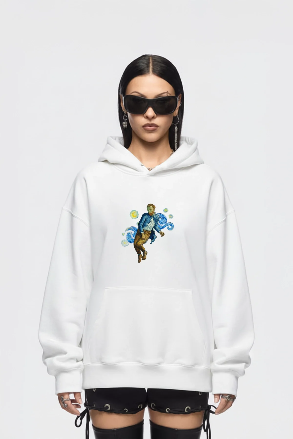 Vincents World Baskılı Oversize Unisex Beyaz Hoodie