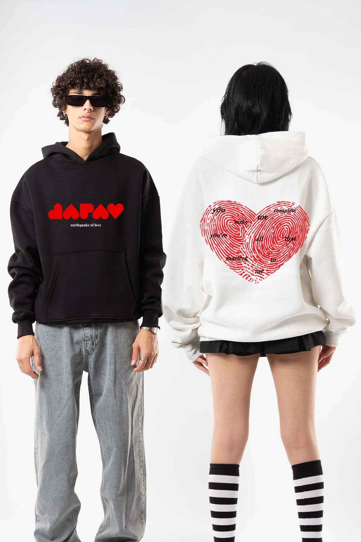 You Make Me Complete Baskılı Oversize Unisex Beyaz Hoodie