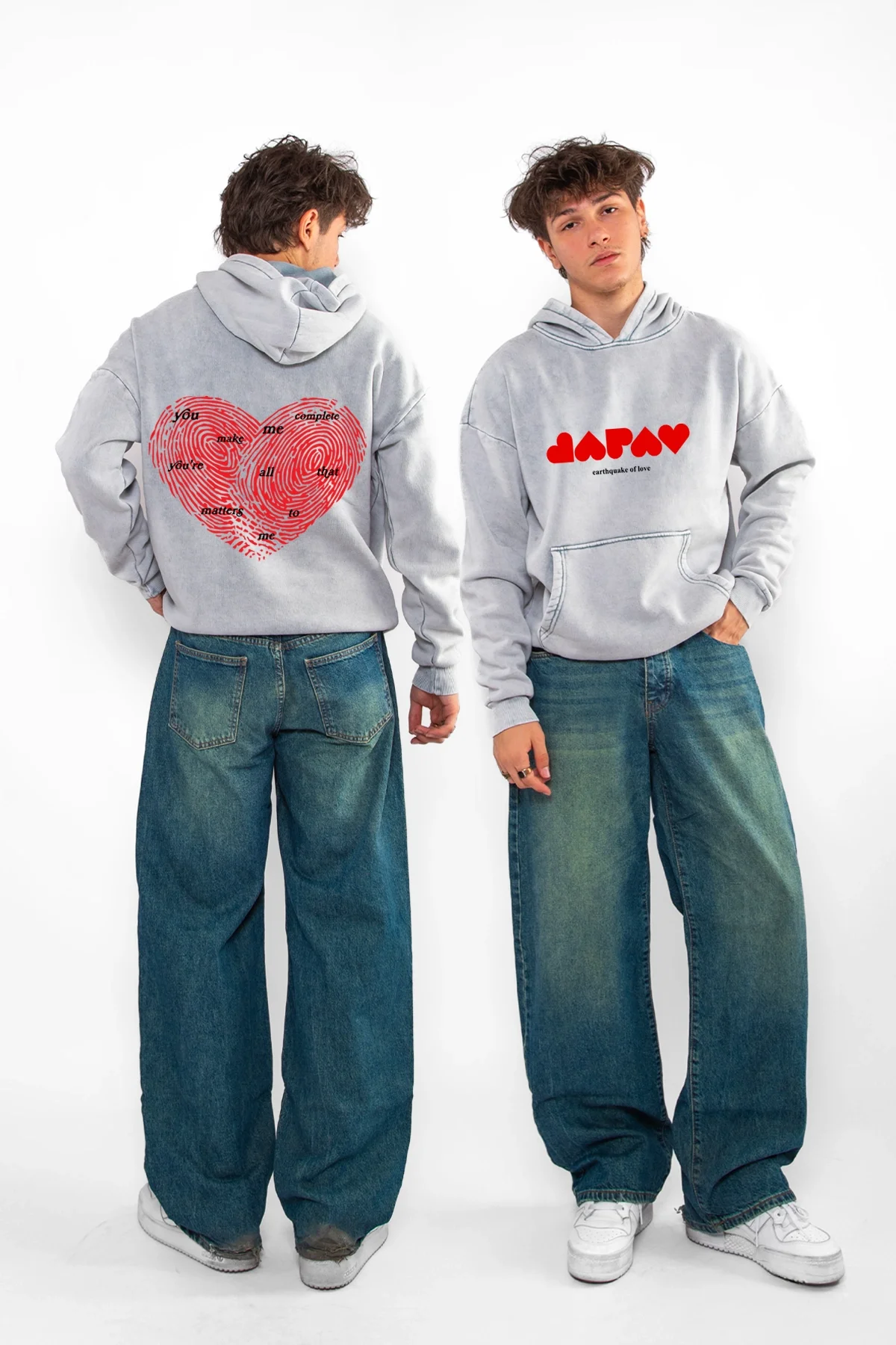 You Make Me Complete Baskılı Oversize Unisex Yıkamalı Beyaz Hoodie