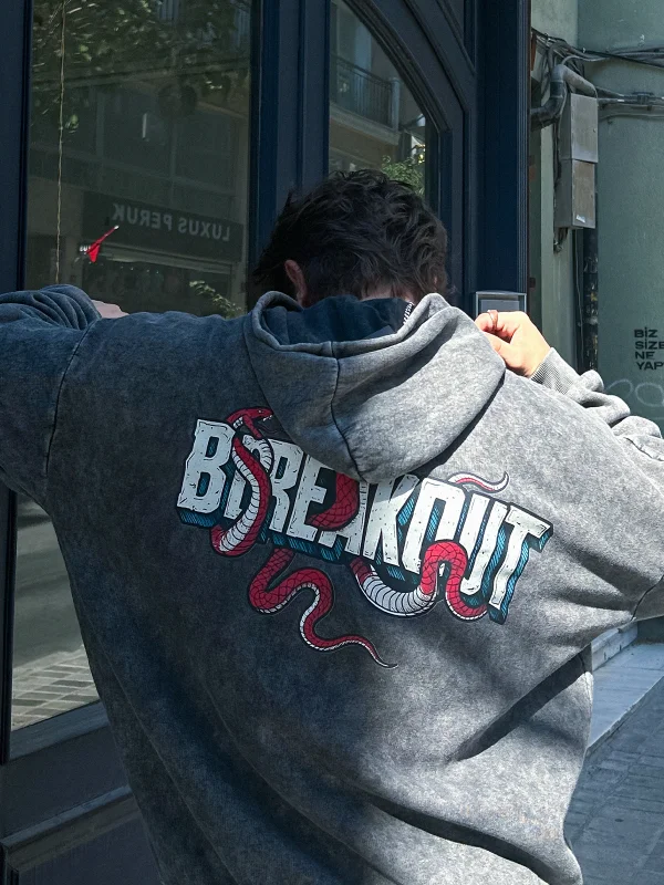 Breakout Oversize Unisex Yıkamalı Siyah Hoodie