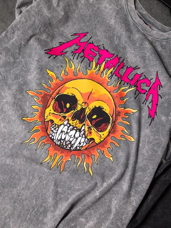 Metallica Sun Baskılı Oversize Unisex Yıkamalı Beyaz Tshirt