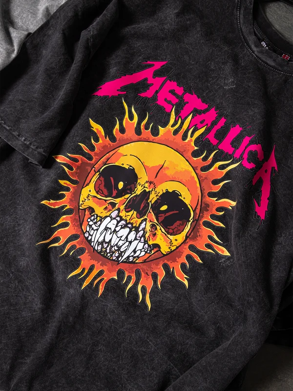 Metallica Sun Baskılı Oversize Unisex Yıkamalı Siyah Tshirt
