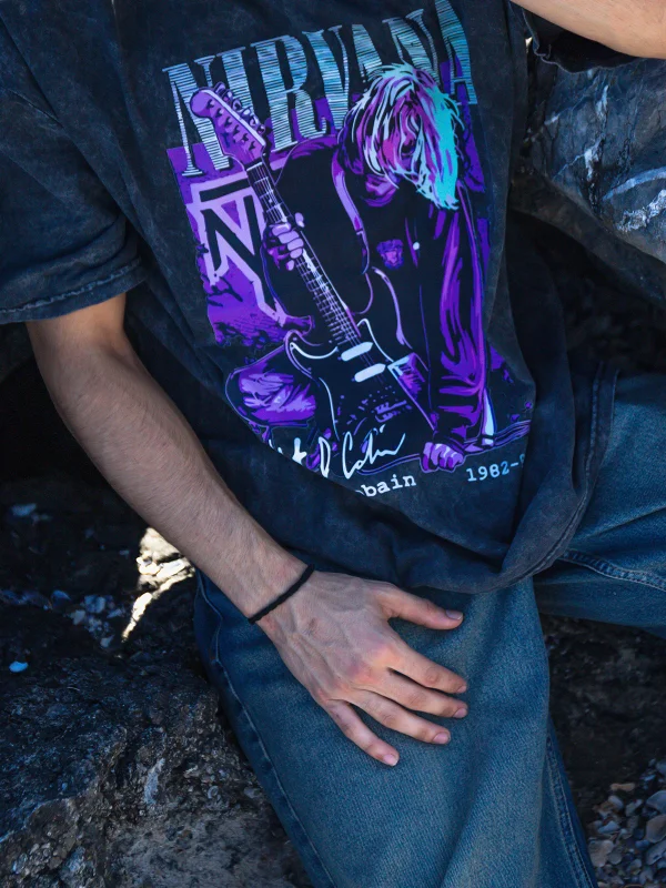 Nirvana Kurt Cobain Baskılı 24/1 Oversize Unisex Yıkamalı Siyah Tshirt