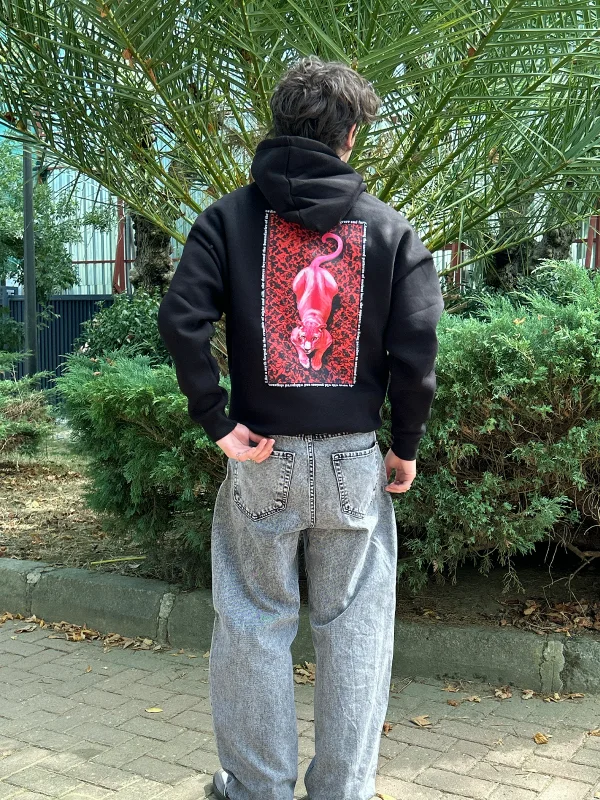 Pink Panther Baskılı Oversize Unisex Siyah Hoodie