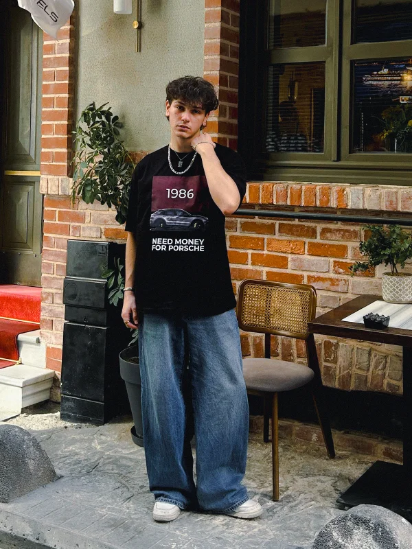 V2 Need Money For Porsche Baskılı Oversize Unisex Siyah Tshirt