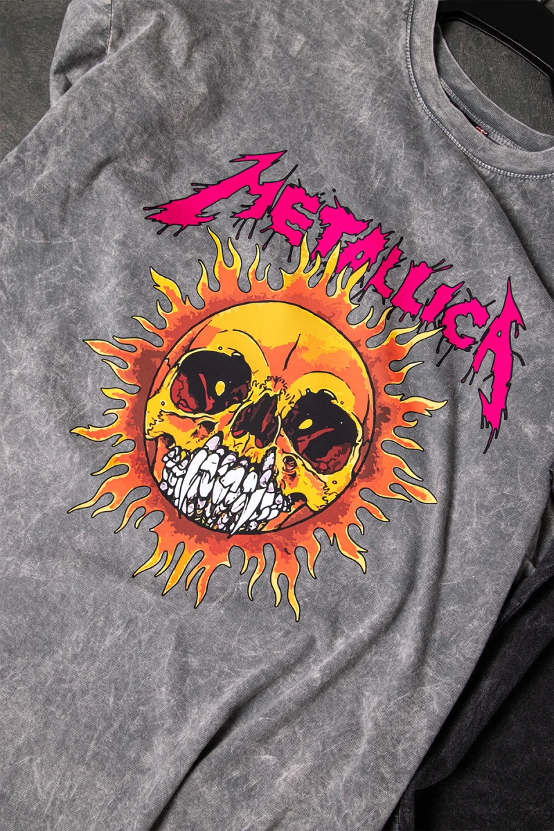 Metallica Sun Baskılı Oversize Unisex Yıkamalı Beyaz Tshirt