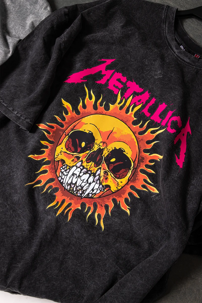 Metallica Sun Baskılı Oversize Unisex Yıkamalı Siyah Tshirt