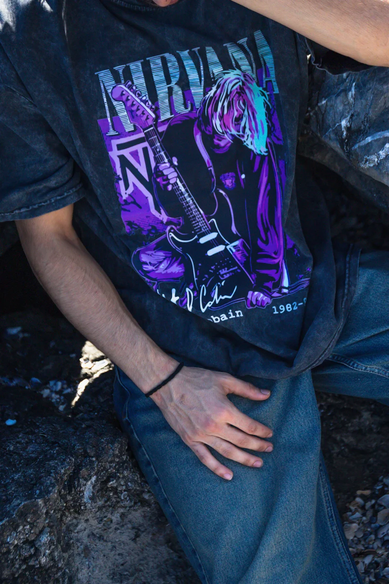 Nirvana Kurt Cobain Baskılı 24/1 Oversize Unisex Yıkamalı Siyah Tshirt