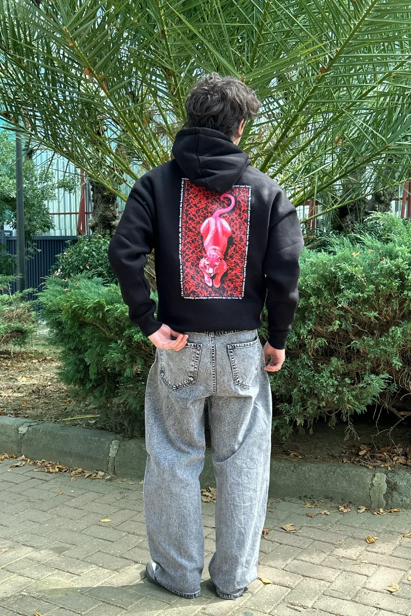 Pink Panther Baskılı Oversize Unisex Siyah Hoodie
