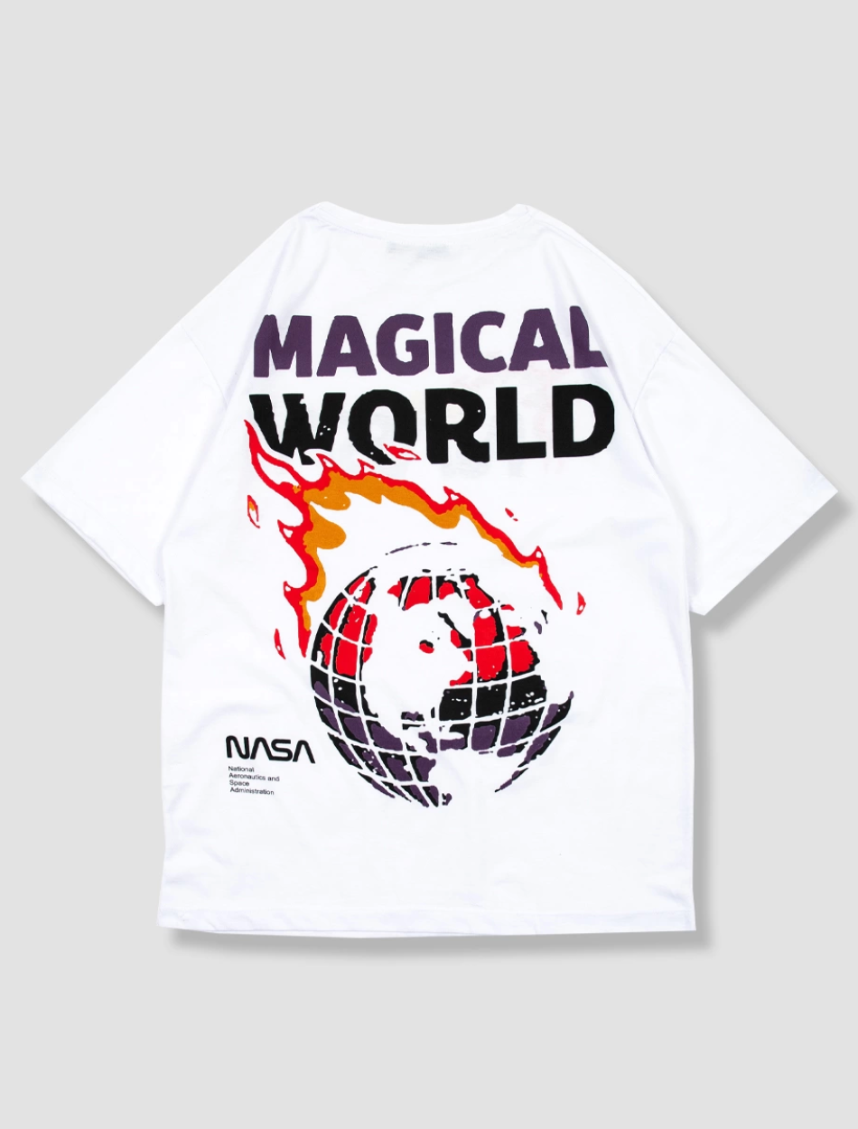 Magical World Baskılı Beyaz Unisex Oversize Tshirt