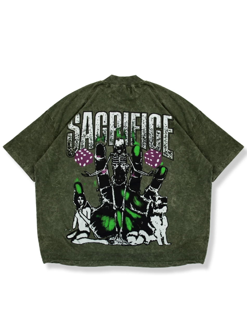 Sacrifice Sırt Baskılı Haki Yıkamalı Oversize Unisex Tshirt