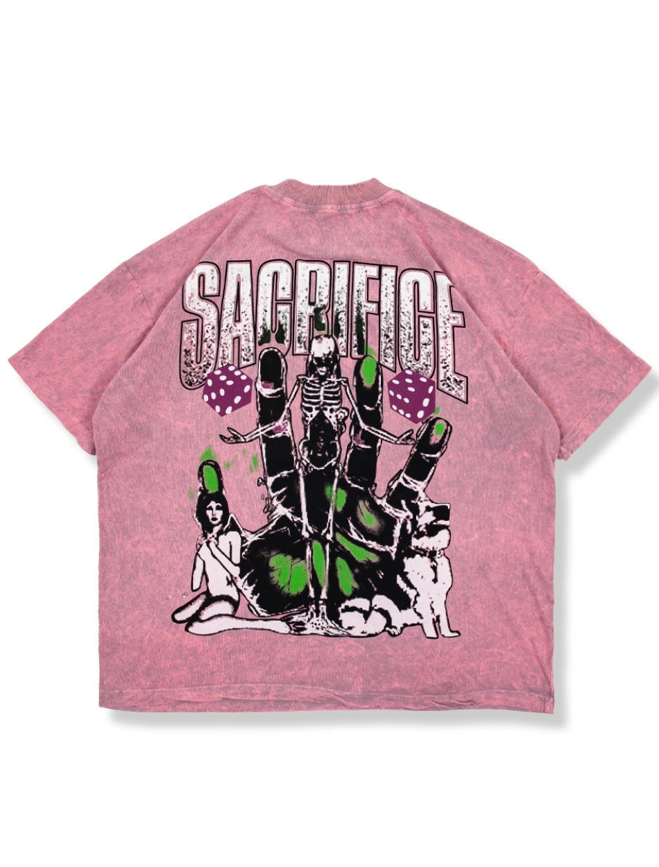 Sacrifice Sırt Baskılı Pembe Yıkamalı Oversize Unisex Tshirt