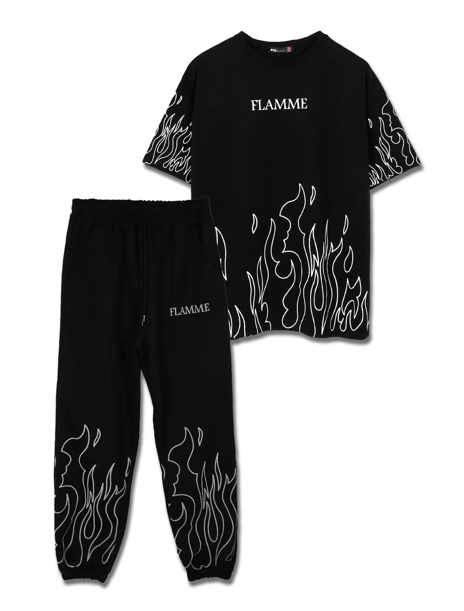 TSH Flamme Baskılı Siyah Unisex Eşofman Takımı