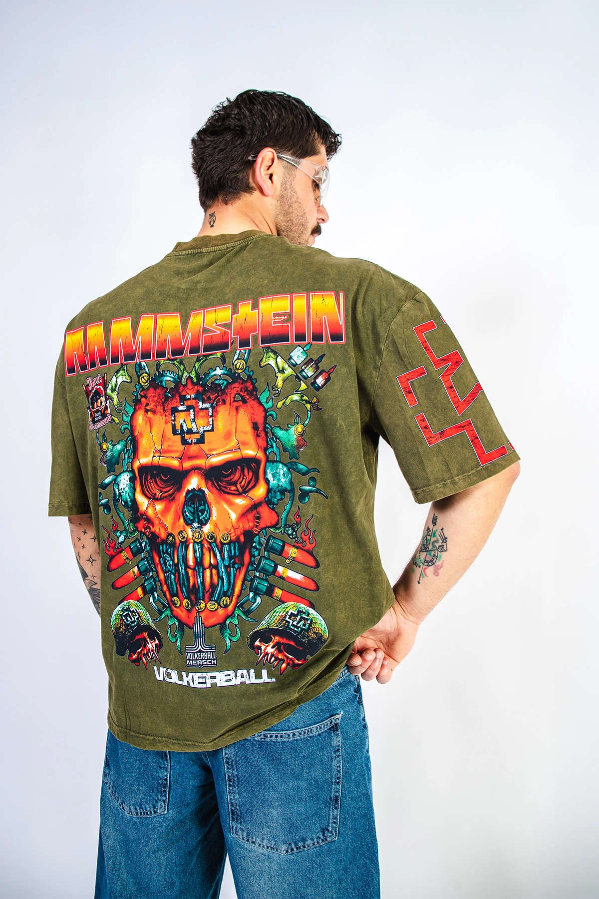 超希少Rammstein「Völkerball Limited Edition」 Rammstein Völkerball Baskılı Oversize Unisex Yıkamalı Yeşil Tshirt