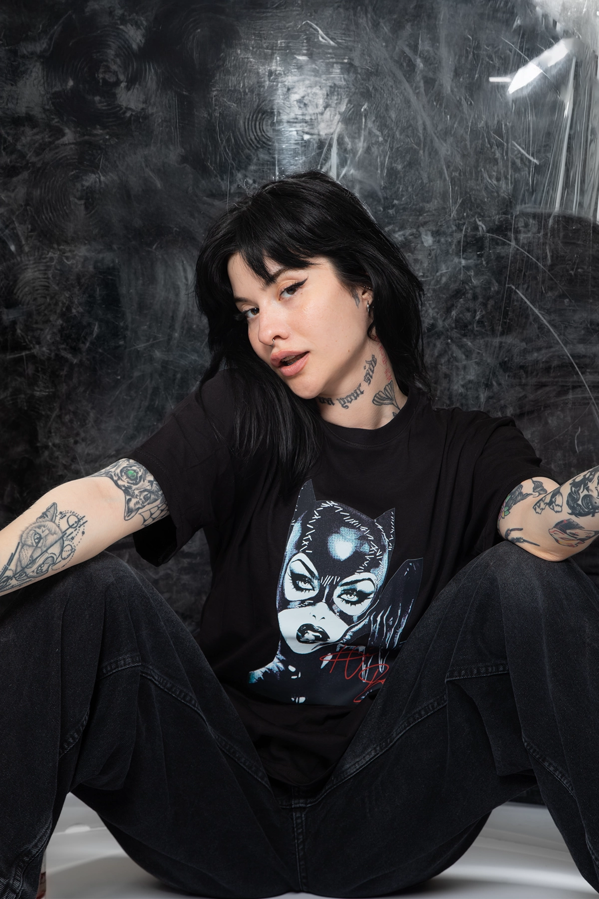 KITTY ON WOMAN Tシャツ Cat Woman Baskılı Relaxed Fit Siyah Kadın Tshirt