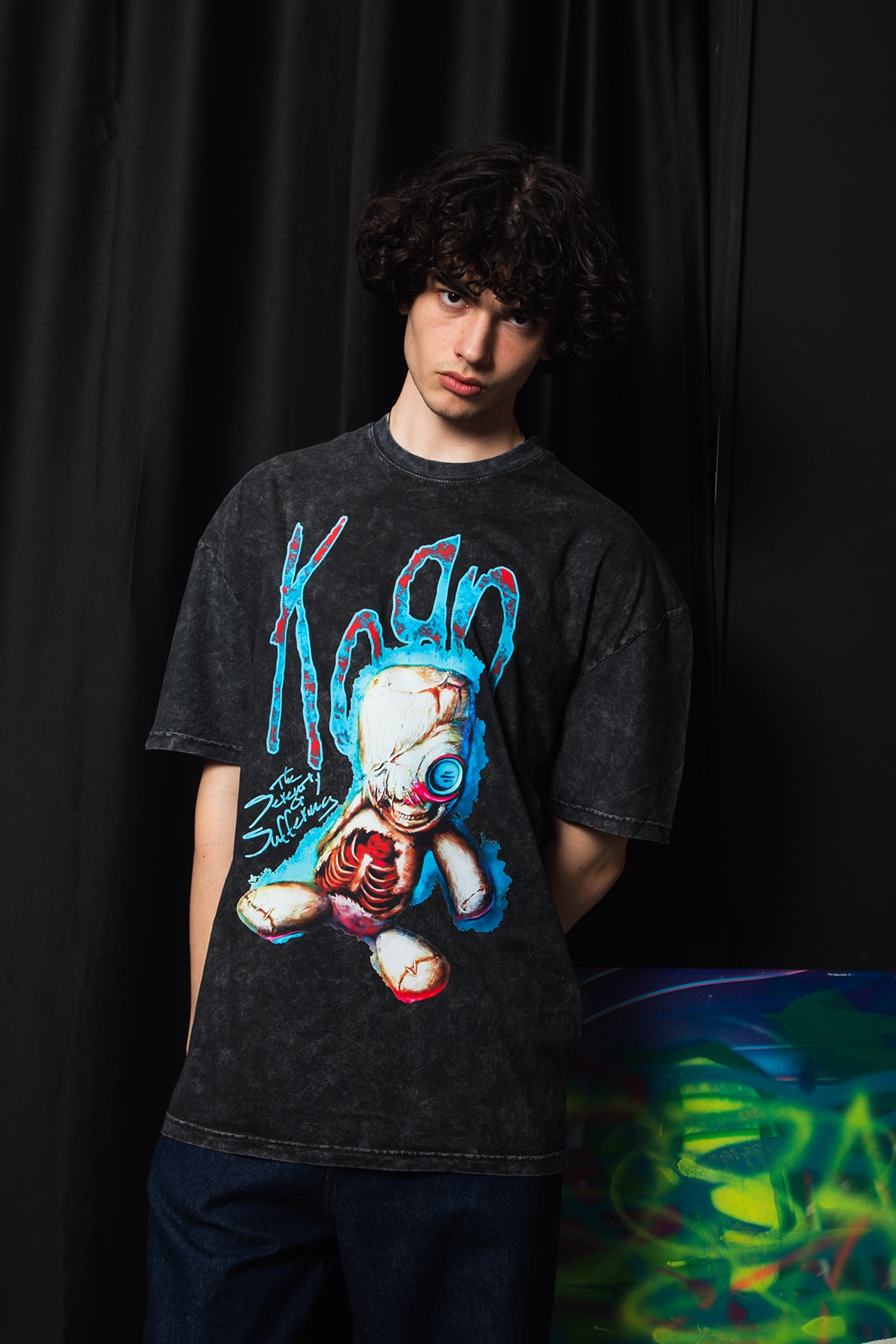 KORN フィギュアセット 5体＋Ｔシャツ Korn Sos Doll Baskılı Oversize Unisex Yıkamalı Siyah Tshirt