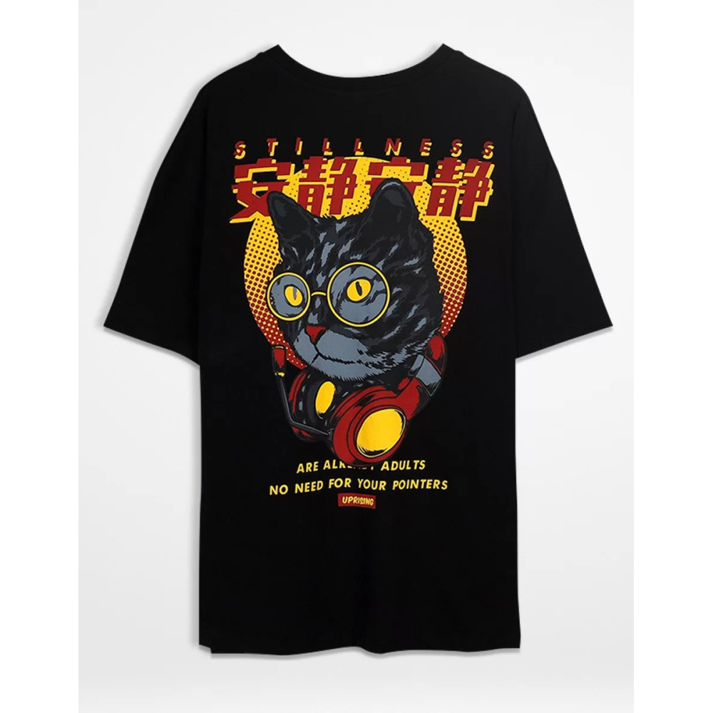 Uprising Cat Sırt Baskılı Siyah Oversize Unisex Tshirt