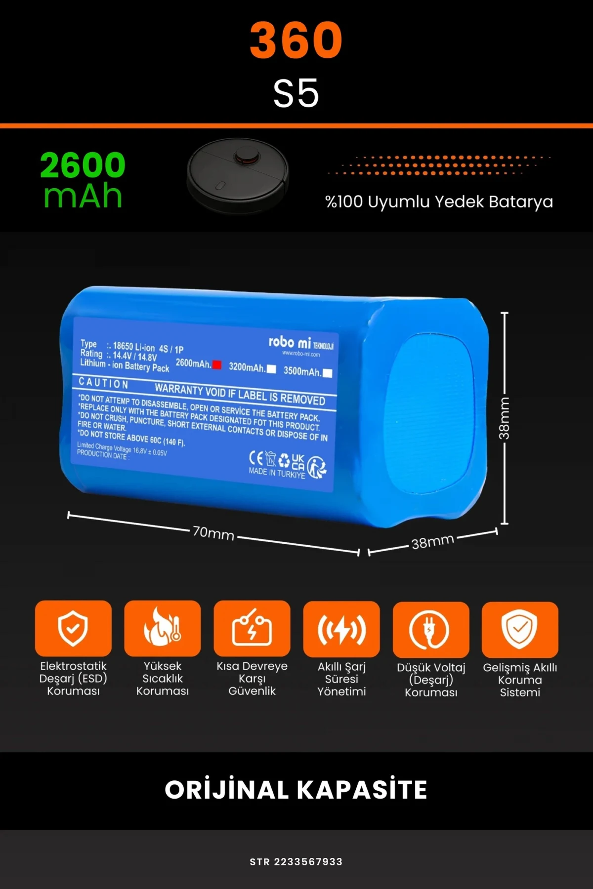360 S5 2600mAh Robot Süpürge Bataryası - Gerçek Kapasite, Maksimum Güvenlik