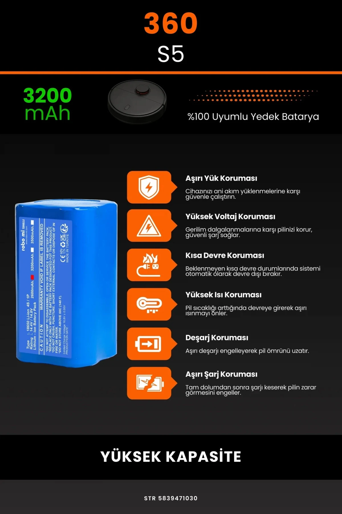 360 S5 3200mAh Robot Süpürge Bataryası - Gerçek Kapasite, Maksimum Güvenlik