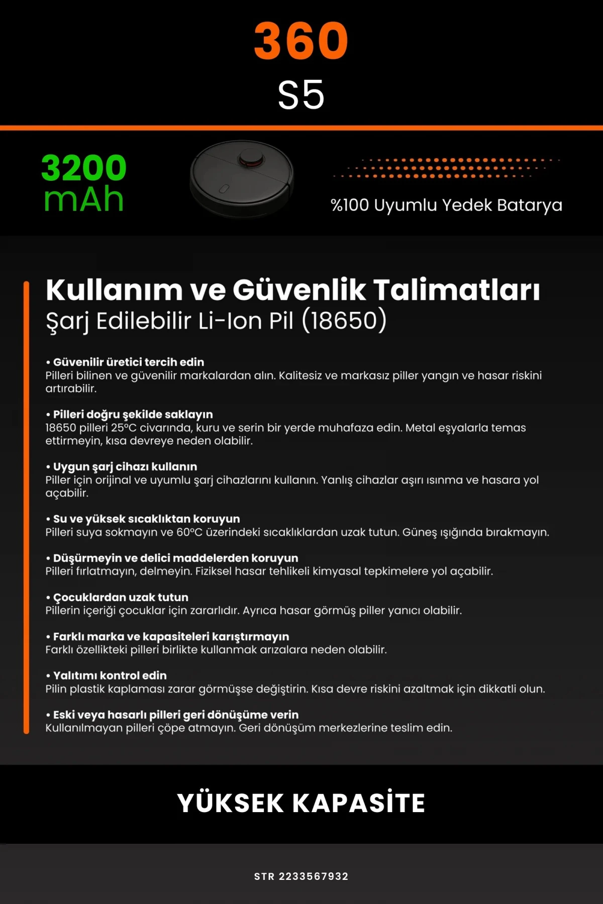 360 S5 3200mAh Robot Süpürge Bataryası - Gerçek Kapasite, Maksimum Güvenlik