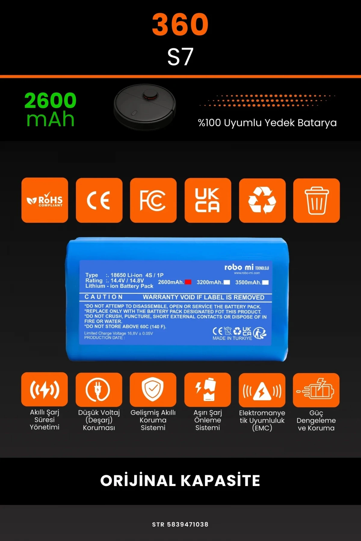 360 S7 2600mAh Robot Süpürge Bataryası - Gerçek Kapasite, Maksimum Güvenlik