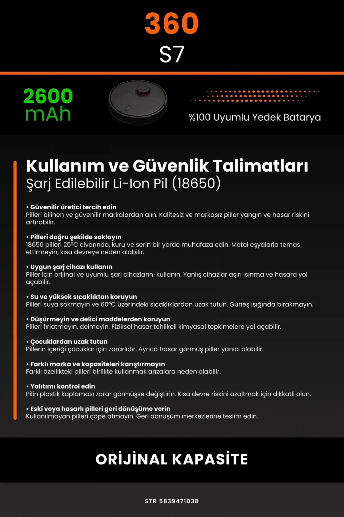 360 S7 2600mAh Robot Süpürge Bataryası - Gerçek Kapasite, Maksimum Güvenlik