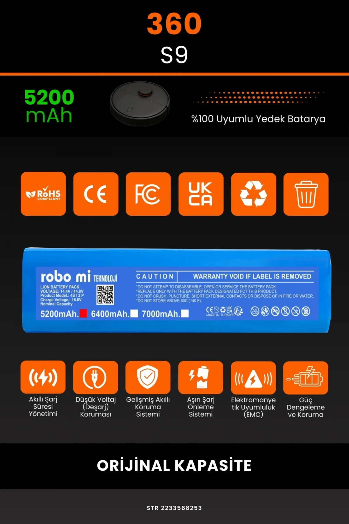 360 S9 5200mAh Robot Süpürge Bataryası - Gerçek Kapasite, Maksimum Güvenlik