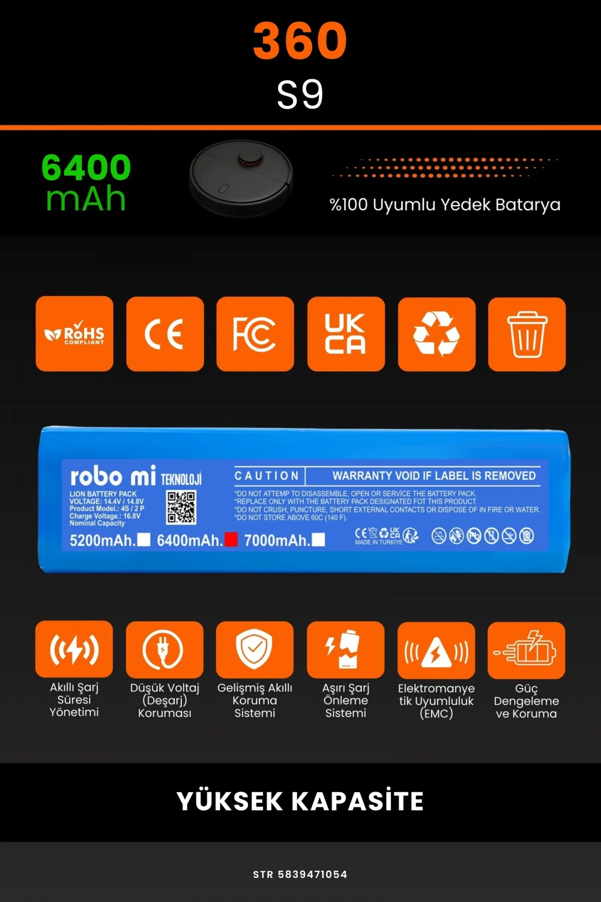 360 S9 6400mAh Robot Süpürge Bataryası - Gerçek Kapasite, Maksimum Güvenlik