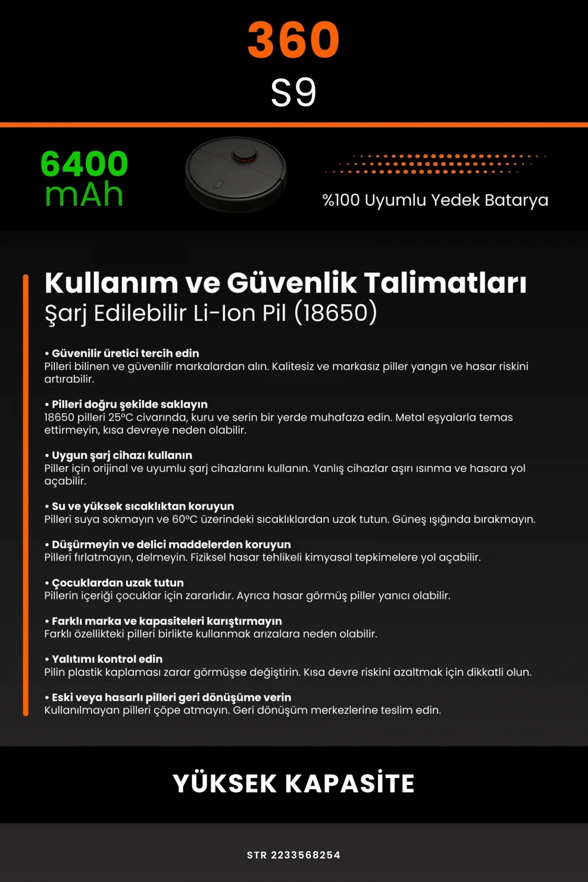 360 S9 6400mAh Robot Süpürge Bataryası - Gerçek Kapasite, Maksimum Güvenlik