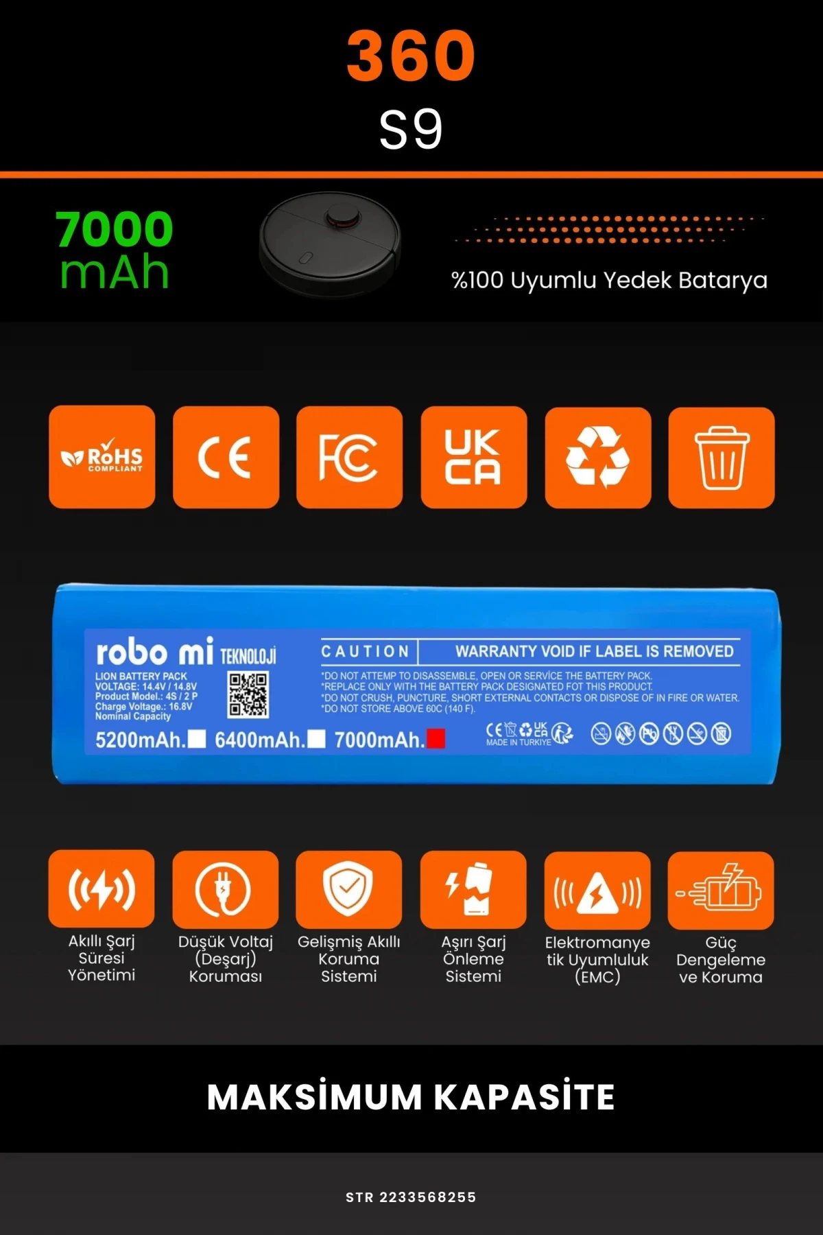 360 S9 7000mAh Robot Süpürge Bataryası - Gerçek Kapasite, Maksimum Güvenlik