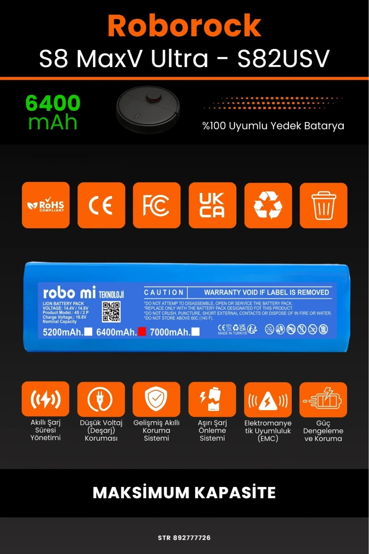 Roborock S8 Maxv Ultra 7000mAh Robot Süpürge Bataryası - Gerçek Kapasite, Maksimum Güvenlik