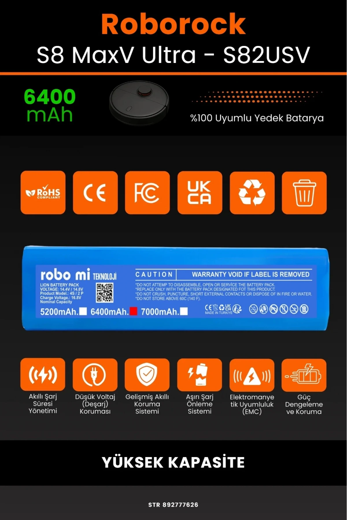 Roborock S8 Maxv Ultra 6400mAh Robot Süpürge Bataryası - Gerçek Kapasite, Maksimum Güvenlik