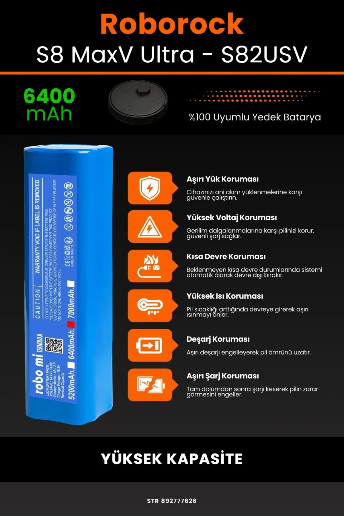 Roborock S8 Maxv Ultra 6400mAh Robot Süpürge Bataryası - Gerçek Kapasite, Maksimum Güvenlik