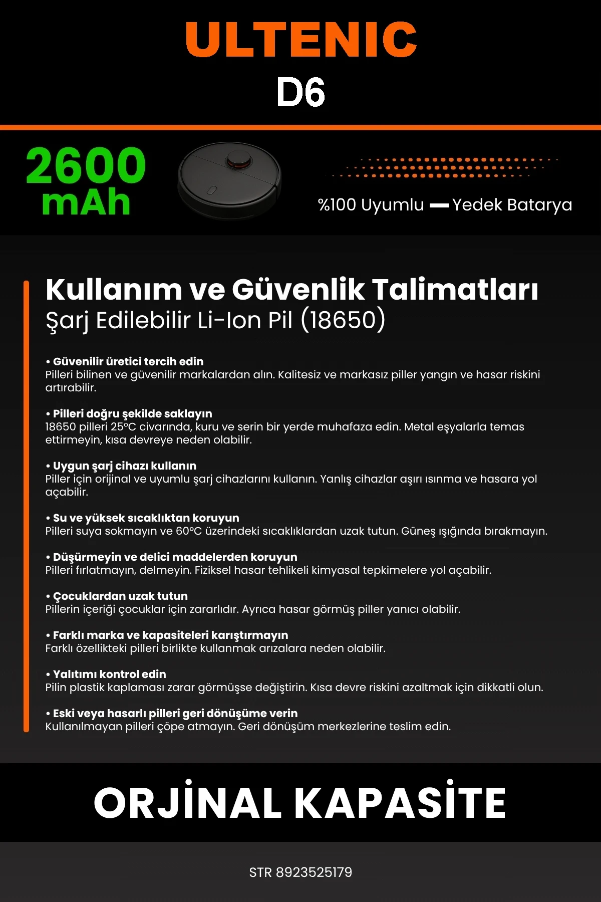 Ultenic D6 2600mAh Robot Süpürge Bataryası - Gerçek Kapasite, Maksimum Güvenlik