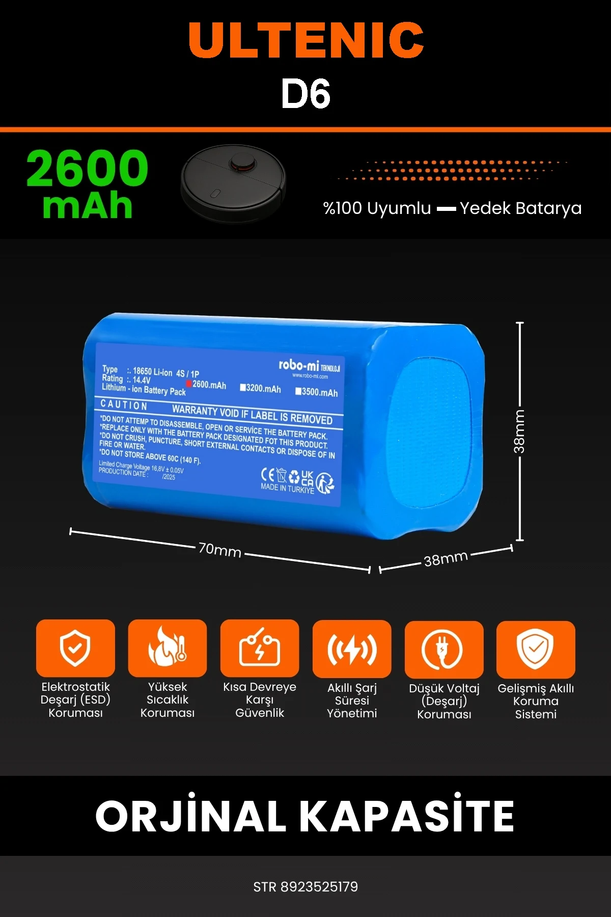 Ultenic D6 2600mAh Robot Süpürge Bataryası - Gerçek Kapasite, Maksimum Güvenlik