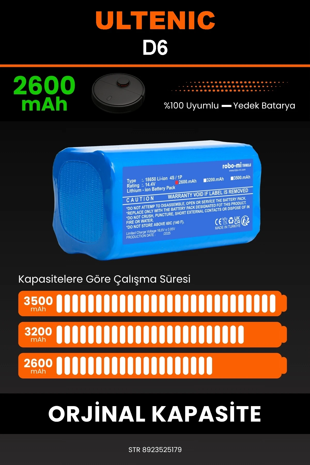 Ultenic D6 2600mAh Robot Süpürge Bataryası - Gerçek Kapasite, Maksimum Güvenlik