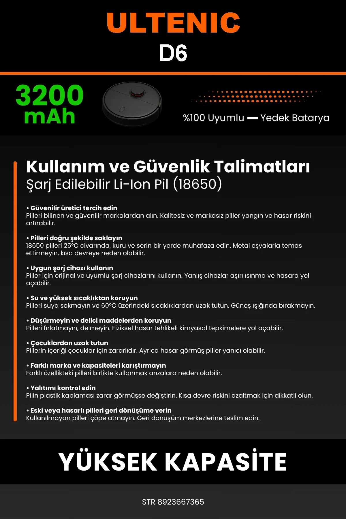 Ultenic D6 3200mAh Robot Süpürge Bataryası - Gerçek Kapasite, Maksimum Güvenlik