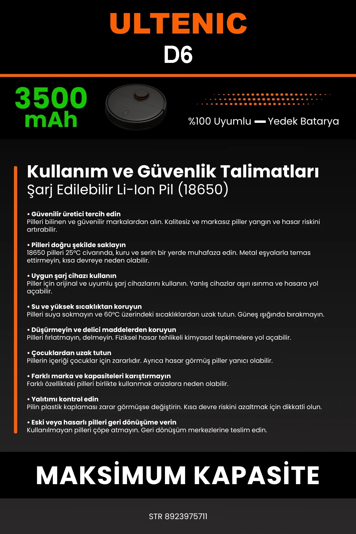 Ultenic D6 3500mAh Robot Süpürge Bataryası - Gerçek Kapasite, Maksimum Güvenlik